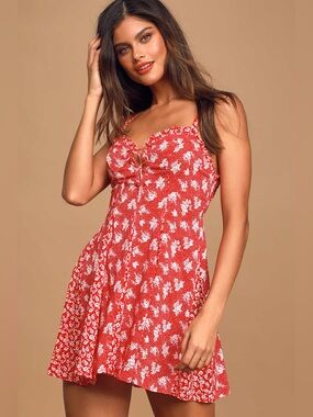 Free People Don't Dare Red Mixed Floral Print Mini Slip Dress